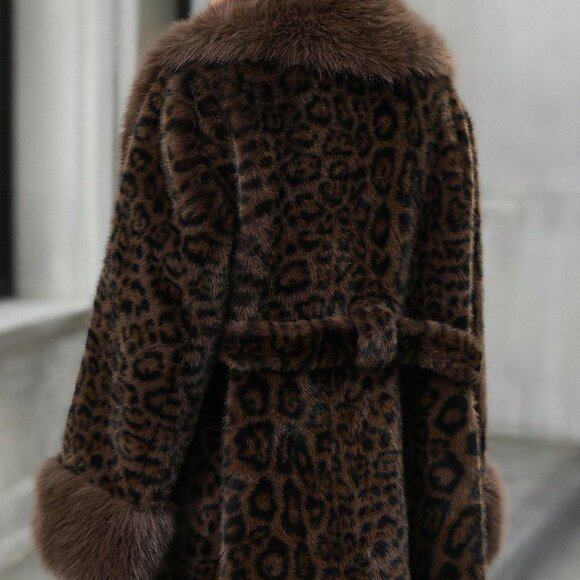 Coffee Brown Chic Women's Leopard Print Lapel Long Sleeve Faux Fur Jacket coat - Picture 3 of 9